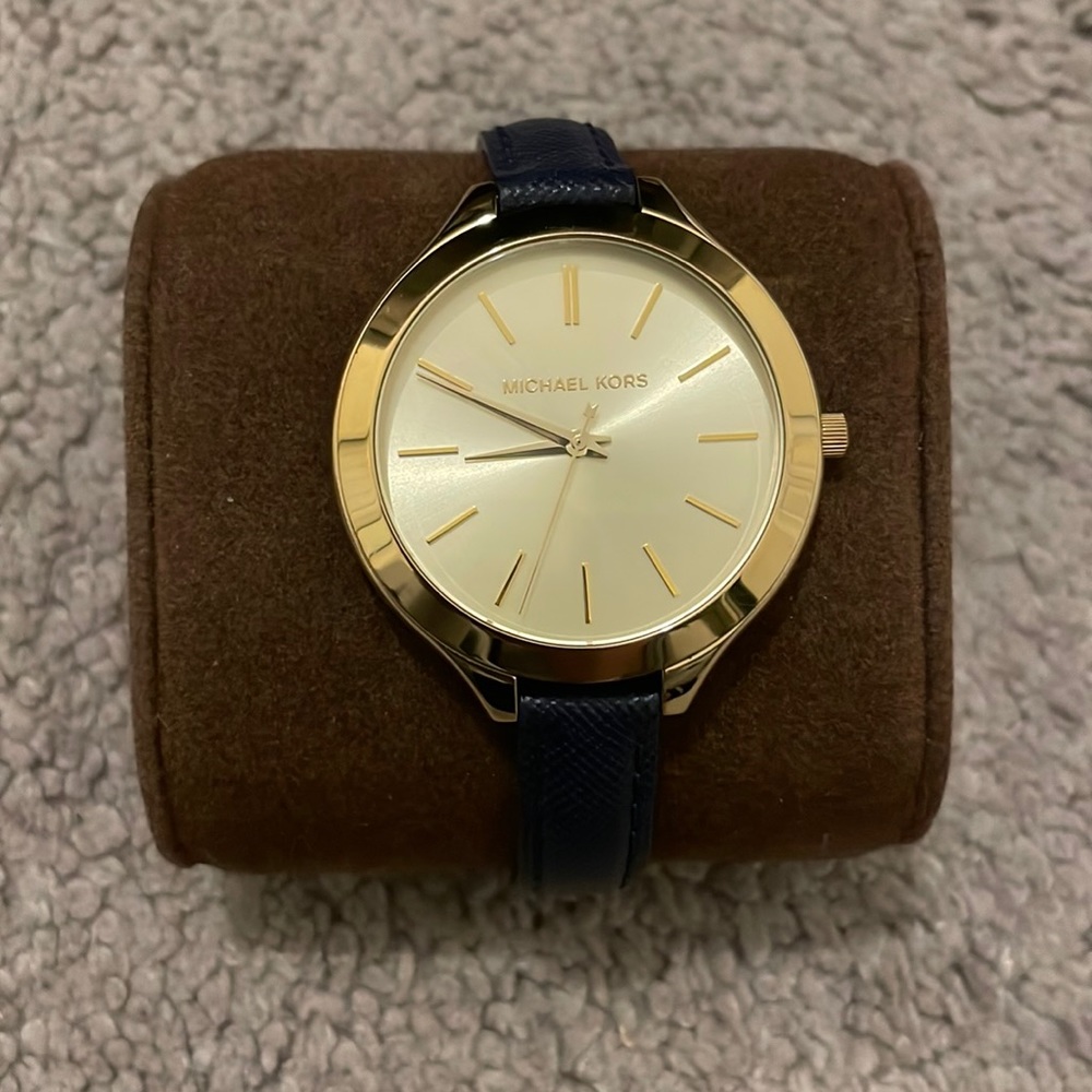 Micheal Kors Mid-Size Runway Gold-Tone Dial Blue Leather Ladies Watch
